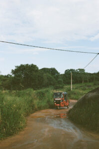 Film photo of a red TukTuk in Sri Lanka