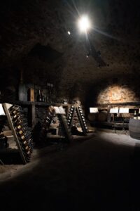 Historic wine cellar at Castle Rametz filled with wooden wine barrels