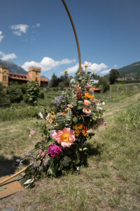 Close-up of the floral wedding arch