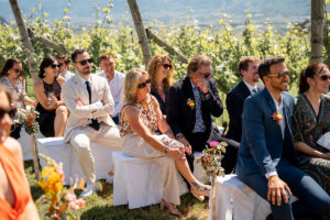 Guests seated in rows looking toward the wedding couple with vineyards in the background