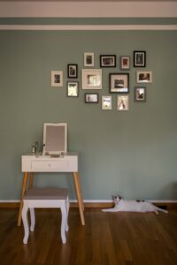 Photo of the makeup area against a sage green wall with a cat on the floor