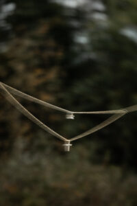 Cinematic motion blur detail photo of a necklace with a cross in front of autumn trees