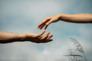Close-up of open hands in front of the sky, clouds and reeds