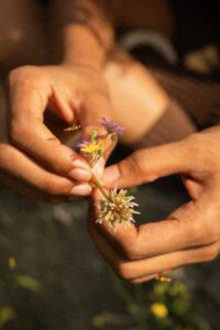 Close-up of a young woman’s hands holding flowers
